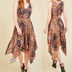 ModCloth Evening In Athens Handkerchief Hem Midi Dress Patchwork Grecian Print